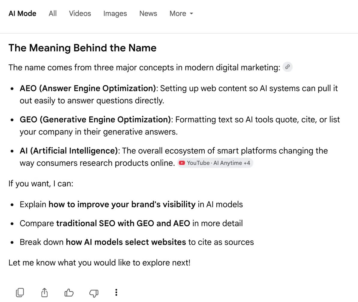 Google AI Mode correctly explaining AEO and GEO concepts from aeogeoai.net content