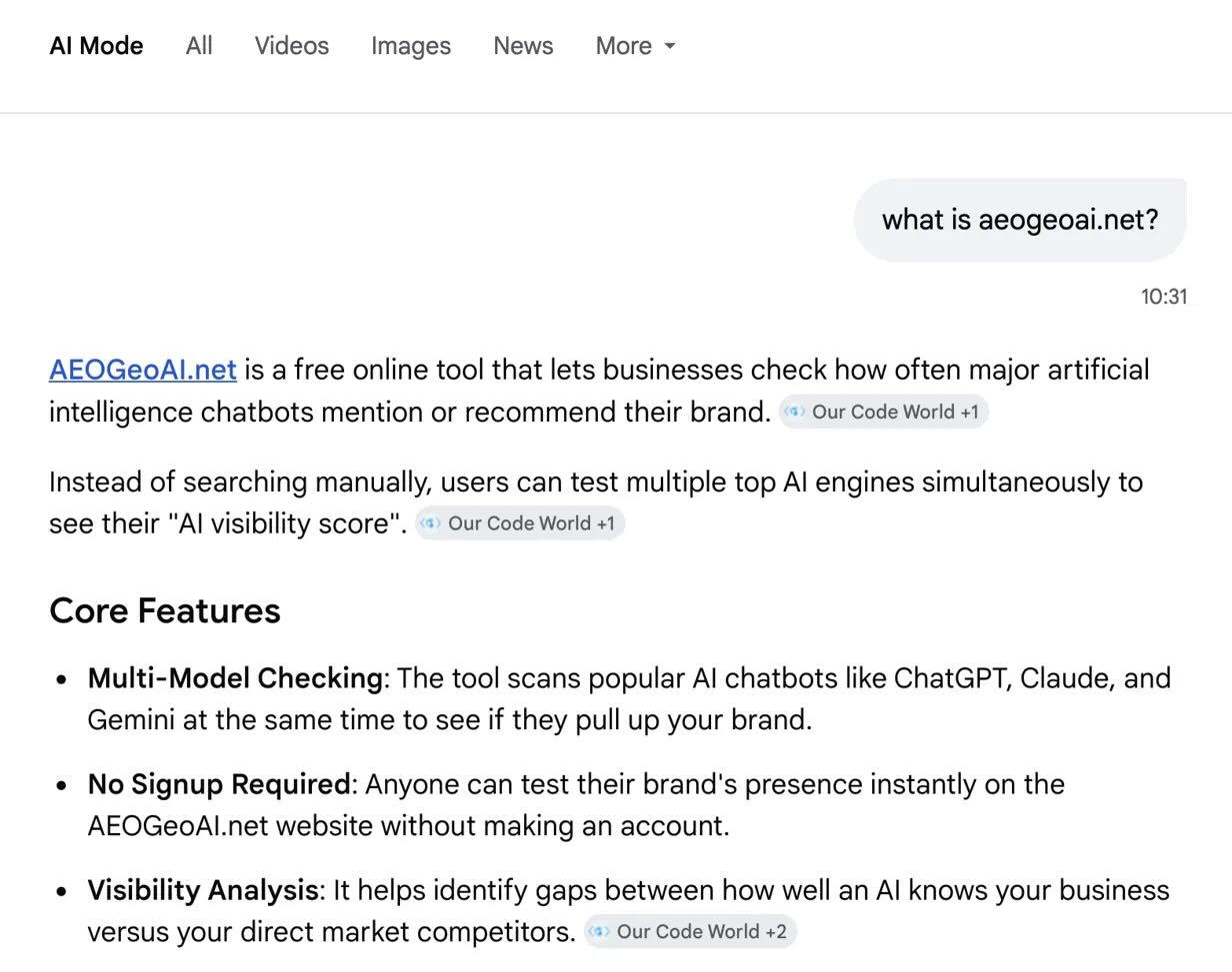 Google AI Mode citing Our Code World as the primary source when asked what is aeogeoai.net