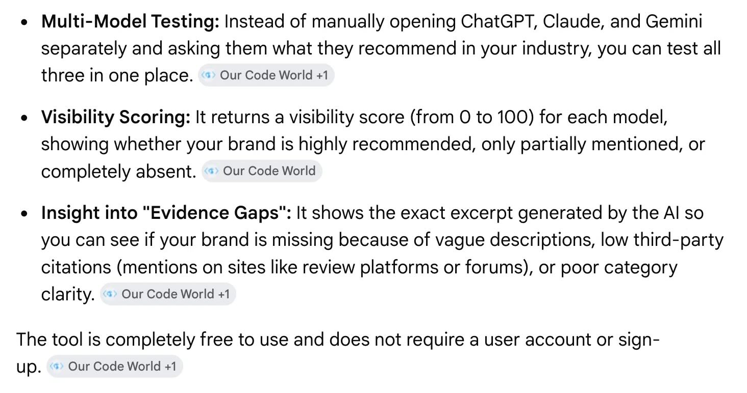 Google AI Mode citing Our Code World as primary source for aeogeoai.net features