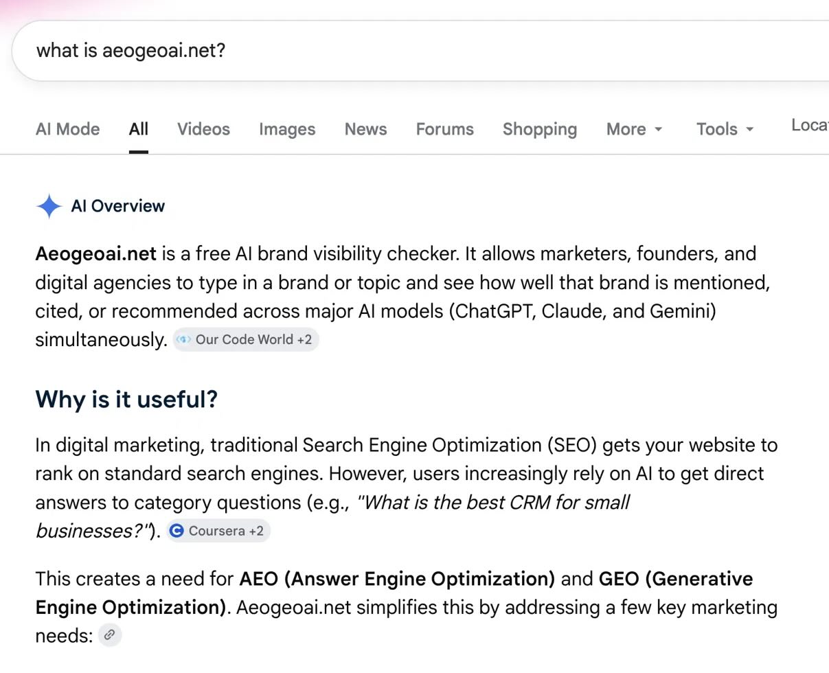 Google AI Overview describing aeogeoai.net accurately as a free AI brand visibility checker