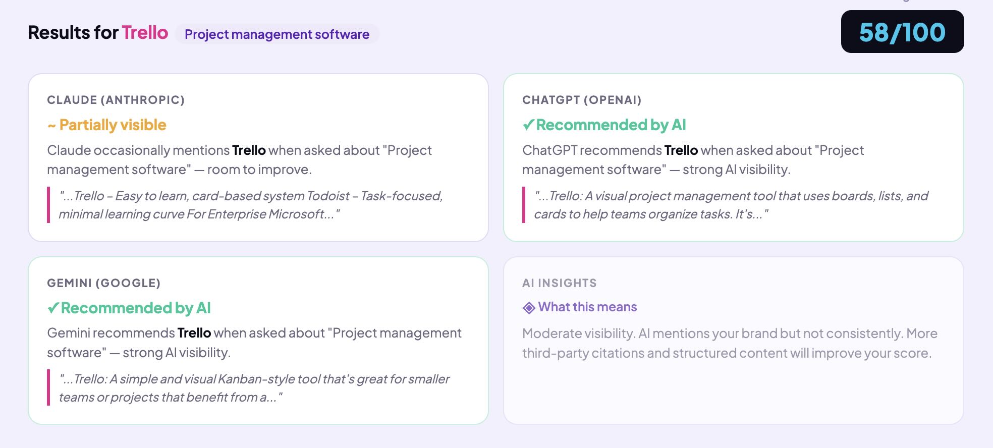AI visibility results showing scores and excerpts for your brand